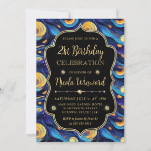 Invitación Noche estrellada azul y amarillo 21 cumpleaños