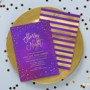Invitación Noche Estrellada Baile Escolar de Purpura Falso Or
