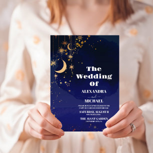 Invitación Noche estrellada boda azul marino brillo plateado