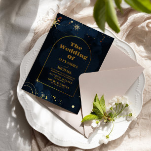 Invitación Noche estrellada boda azul marino con brillo de pl