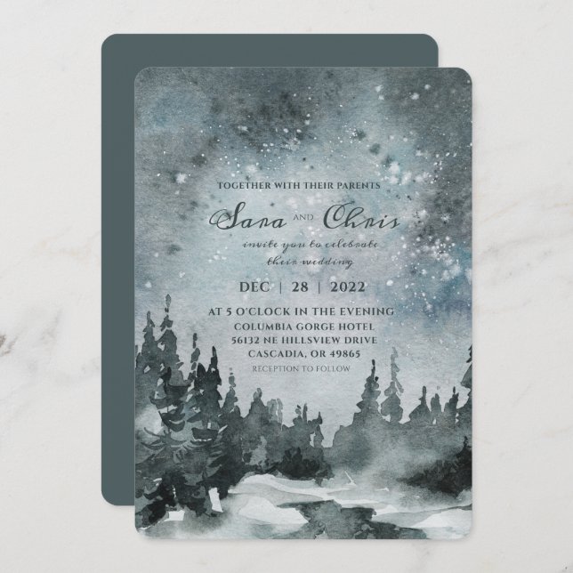 Invitación Noche estrellada | Boda de acuarela de bosque (Anverso / Reverso)