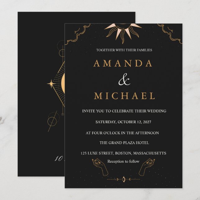 Invitación Noche estrellada de hoja de oro celestial de media (Anverso / Reverso)