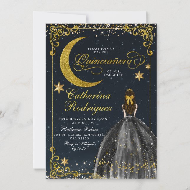Invitación Noche estrellada de oro y quinceañera negra (Anverso)