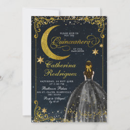 Invitación Noche estrellada de oro y quinceañera negra