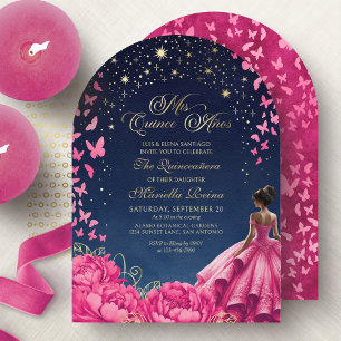 Invitación Noche estrellada de rosa caliente Quinceañera