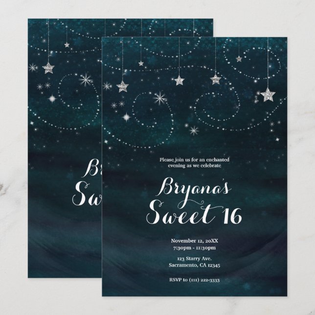 Invitación Noche estrellada encantada, azul y plata (Anverso / Reverso)