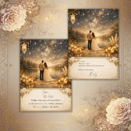 Invitación Noche estrellada encantada Lago azul y dorado Boda