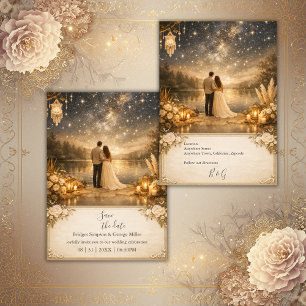 Invitación Noche estrellada encantada Lago azul y dorado Boda