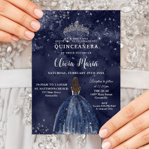 Invitación Noche estrellada Naval Azul Vestido Plata Quinceañ