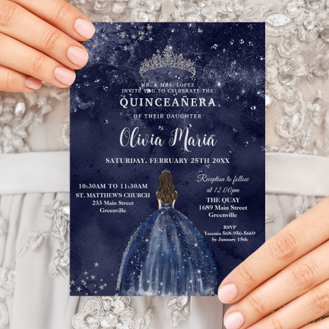 Invitación Noche estrellada Naval Azul Vestido Plata Quinceañ (Subido por el creador)