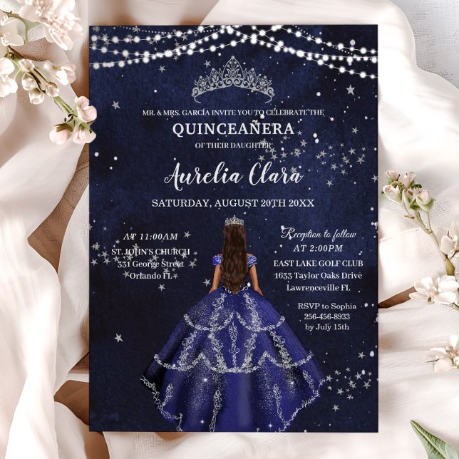 Invitación Noche estrellada Naval Azul Vestido Plata Quinceañ (Subido por el creador)