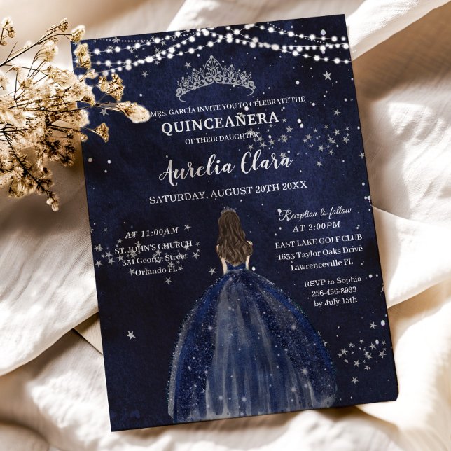 Invitación Noche estrellada Naval Azul Vestido Plata Quinceañ (Subido por el creador)