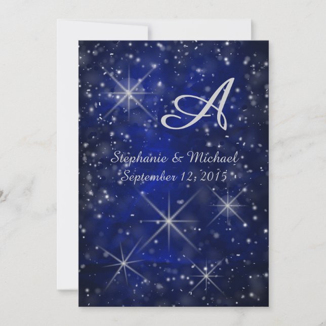 Invitación Noche estrellada Plata Monograma Elegante Azul (Anverso)