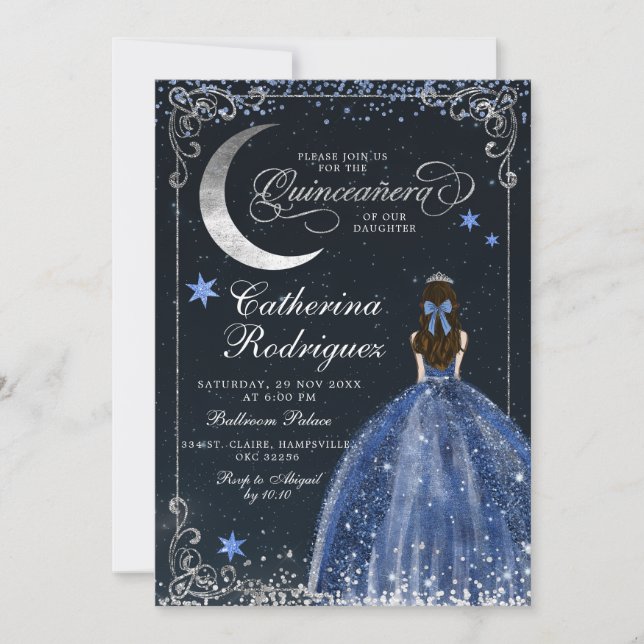 Invitación Noche estrellada Plata y Quinceanera azul oscuro (Anverso)