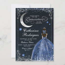 Invitación Noche estrellada Plata y Quinceanera azul oscuro