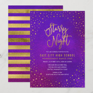 Invitación Noche Estrellada Purp Acuarela Dorado Falso Baile 