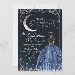 Invitación Noche Estrellada Quinceañera de Plata y Azul Oscur
