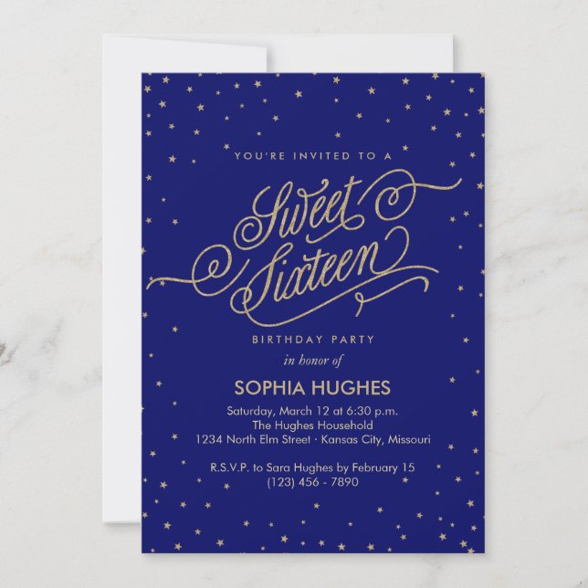 Invitación Noche Estrellas Azul y Oro Dulce Fiesta (Anverso)
