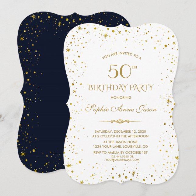 Invitación Noche fantástica de oro estrellado 50 cumpleaños (Anverso / Reverso)