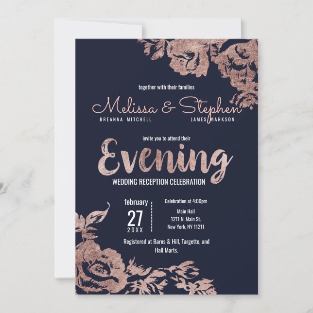 Invitación Noche floral de Rosa y azul marino (Anverso)
