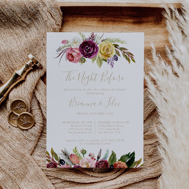 Invitación Noche floral Gold Boho antes de la cena del ensayo (Subido por el creador)