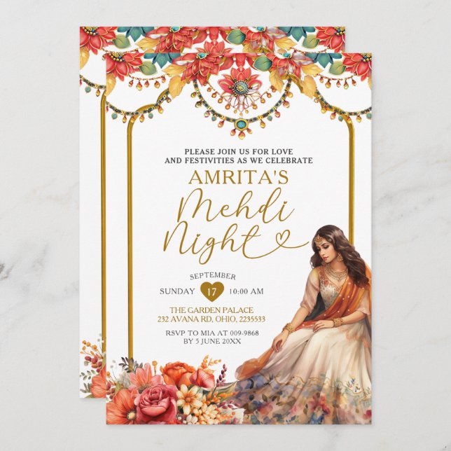 Invitación Noche Gold Menhdi Indian Dholki Paskitan Floral (Anverso / Reverso)
