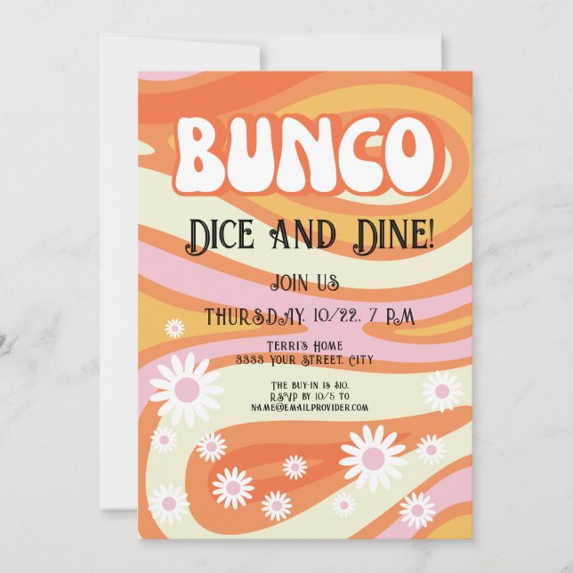 Invitación Noche Groovy Rosa y Naranja Floral Bunco (Anverso)