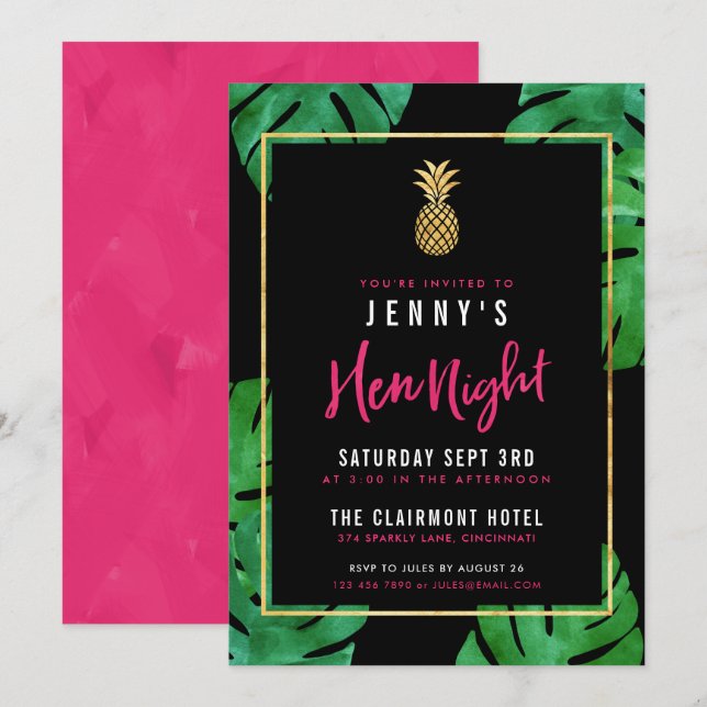 Invitación Noche Hen tropical / Piña rosa y negra y dorada (Anverso / Reverso)