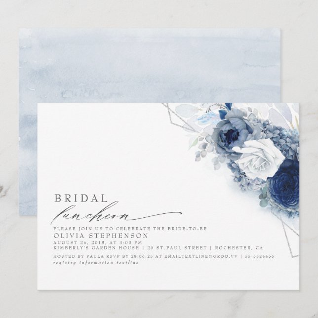 Invitación Noche Luncheon Dusty Blue Floral Bridal Shower In (Anverso / Reverso)