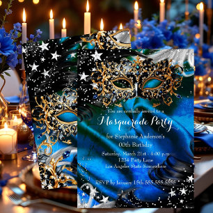 Invitación Noche Mágica de Purpurina Azul Fiesta de Máscaras
