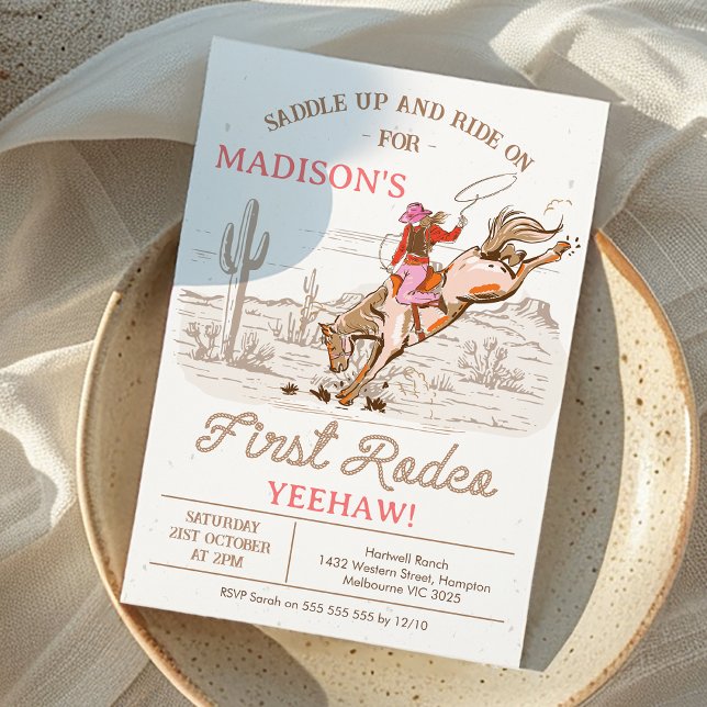Invitación Noche Marrón Primer Rodeo Primer Cumpleaños (Girls First Rodeo Birthday Invitation, First Rodeo 1st Birthday Invite Cowgirl Horse Wild West)