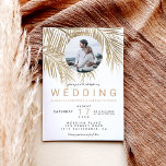 Invitación Noche moderna con palmeras doradas<br><div class="desc">Moderna y sencilla acuarela de palmera dorada con una tipografía simple,  un tema de moda y boda tropical sobre la hoja de palmera. Añadir la foto de tu pareja</div>