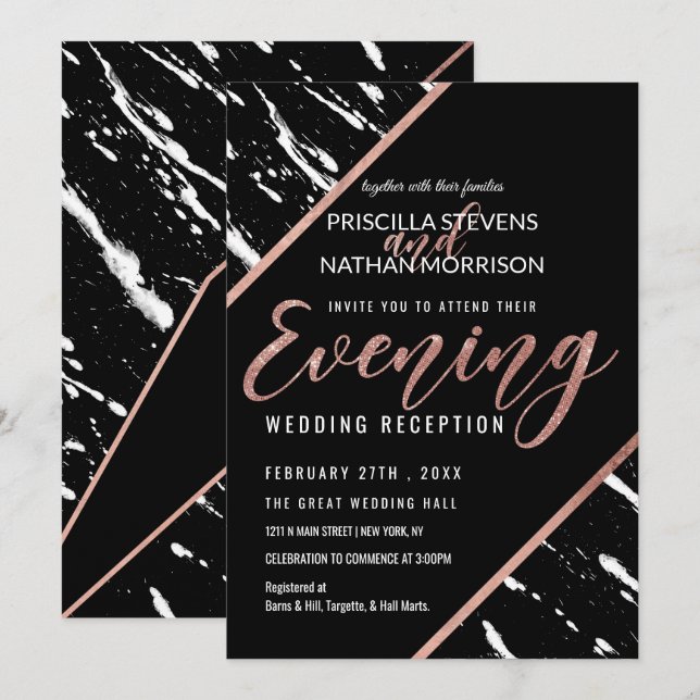 Invitación Noche moderna de Moda de oro de Rosa de mármol bla (Anverso / Reverso)