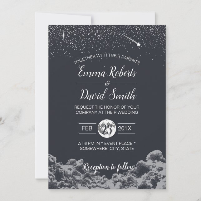 Invitación Noche Moon & Stars Elegant Wedding (Anverso)