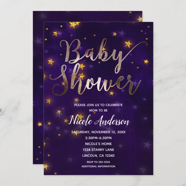 Invitación Noche morada y dorada bajo la Baby Shower de las e (Anverso / Reverso)