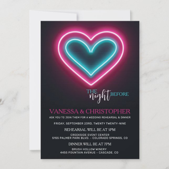 Invitación Noche Neon Hearts Antes Del Ensayo Boda (Anverso)