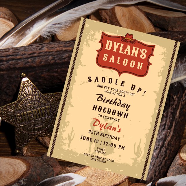 Invitación Noche occidental divertida cumpleaños Rustic Soiré (Western Cowboy Rodeo Saloon Theme Birthday Hoe Down Rustic Party Invitation)