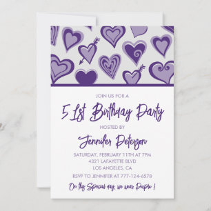 Invitación Noche Purple Hearts Out Girly 51 cumpleaños