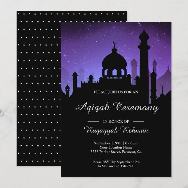 Invitación Noche Púrpura Cielo Nieves Arabía Aqiqah (Anverso / Reverso)