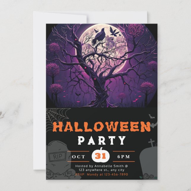 Invitación Noche púrpura luna llena Pájaro Negro Halloween (Anverso)