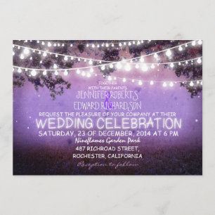Invitación noche púrpura y luces de jardín boda rústico