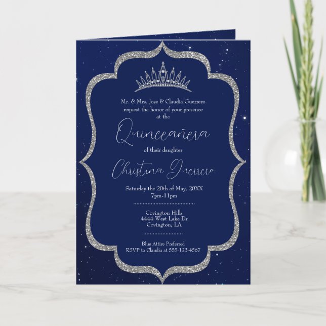 Invitación Noche Real Azul y Plata Starry Quinceanera (Anverso)