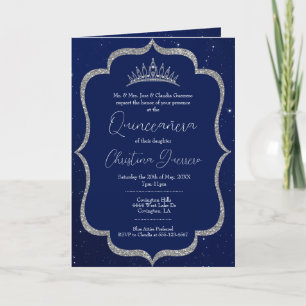 Invitación Noche Real Azul y Plata Starry Quinceanera