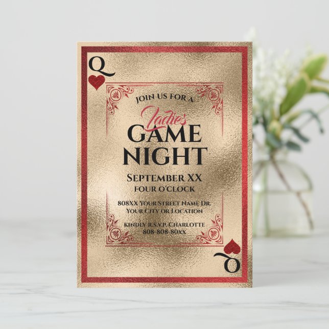 Invitación Noche Red & Gold Queen of Hearts Ladies (Anverso de pie)