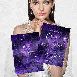 Invitación Noche romántica cielo estrellado morado con RSVP
