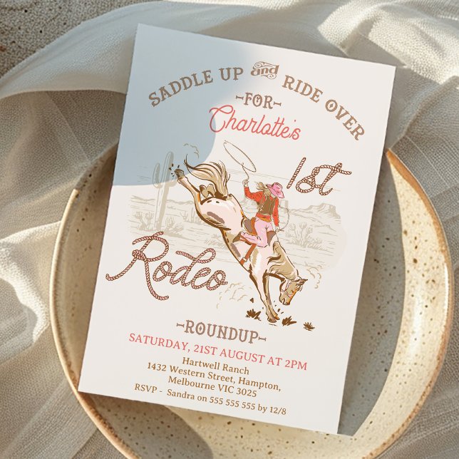 Invitación Noche Rosa Marrón Primer Rodeo Primer Cumpleaños (Girls First Rodeo Birthday Invitation, Cowgirl First Rodeo 1st Birthday Invitation, Horse Western)