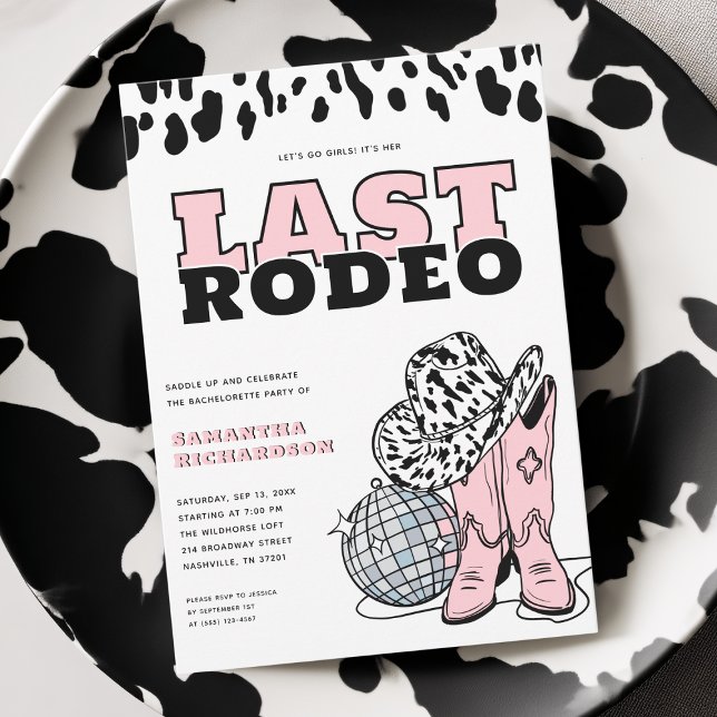 Invitación Noche Rosa Moderna Última Fiesta De Bachelorette D (Modern Pink Cowgirl Last Rodeo Bachelorette Party Invitation)