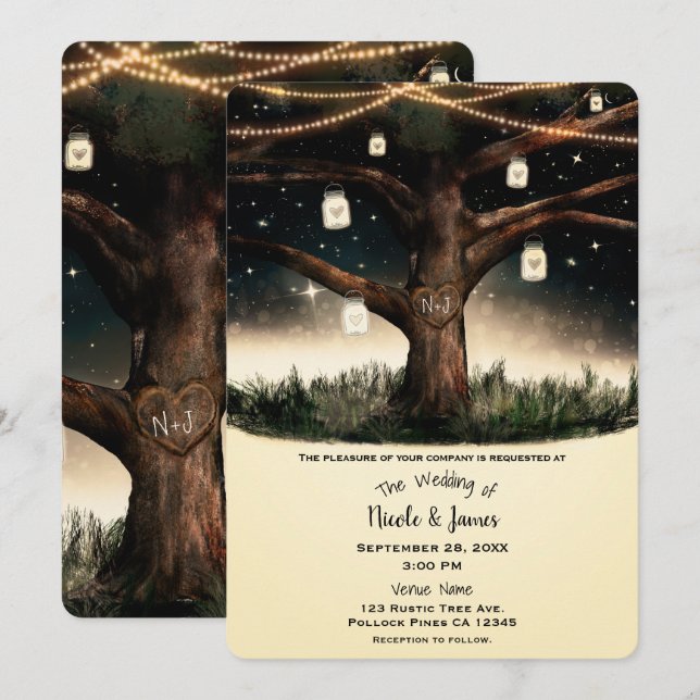 Invitación Noche Rústica Árbol con Luces y Frascos de Cemento (Anverso / Reverso)
