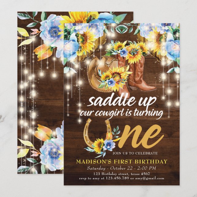 Invitación Noche rústica bota floral primer cumpleaños (Anverso / Reverso)
