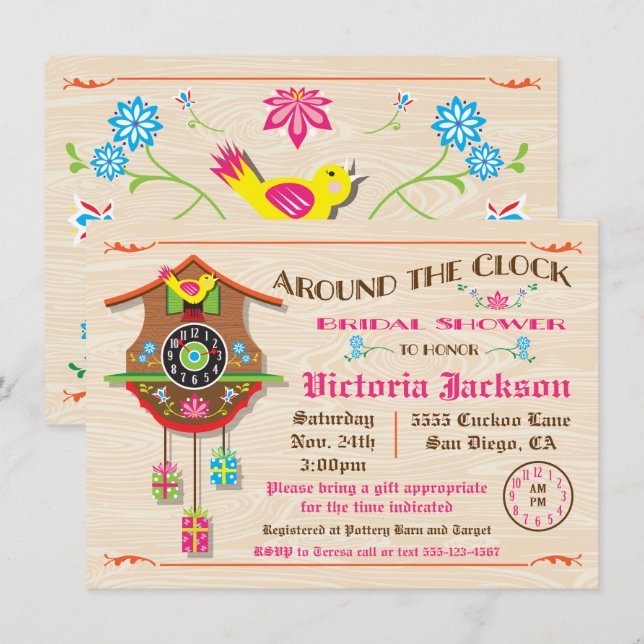 Invitación Noche Shower Folk arte Cuckoo (Anverso / Reverso)